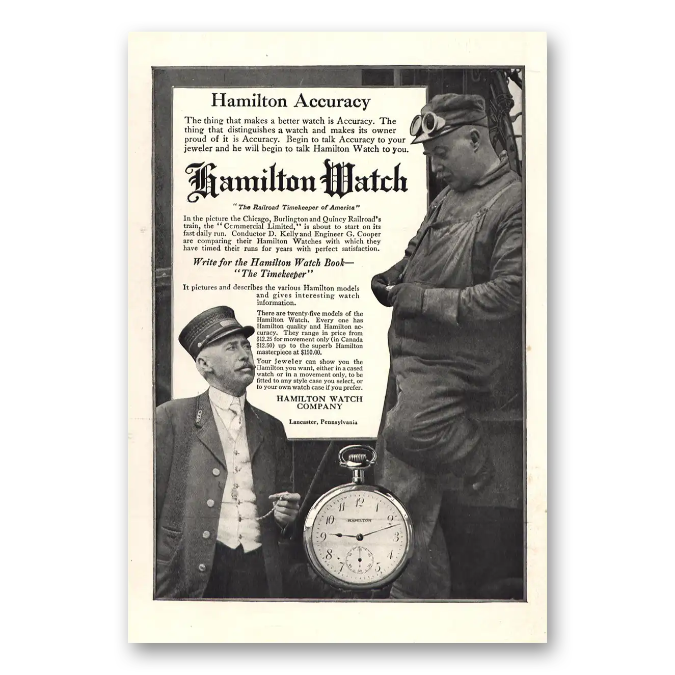 1914 Hamilton Watch Conductor D Kelly Engineer G Cooper Vintage Magazine Print Ad