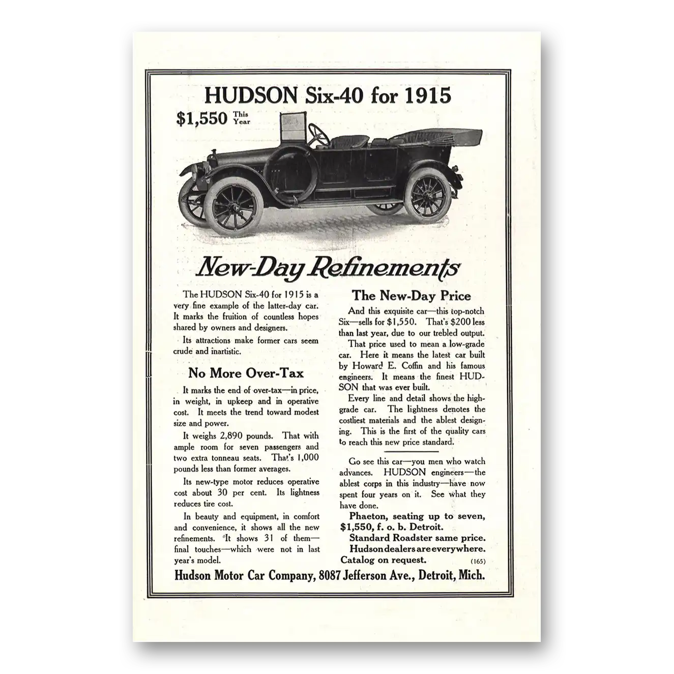 1914 Hudson Motor Car New Day Refinements Vintage Magazine Print Ad