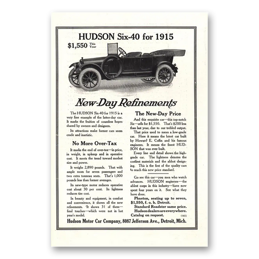 1914 Hudson Motor Car New Day Refinements Vintage Magazine Print Ad