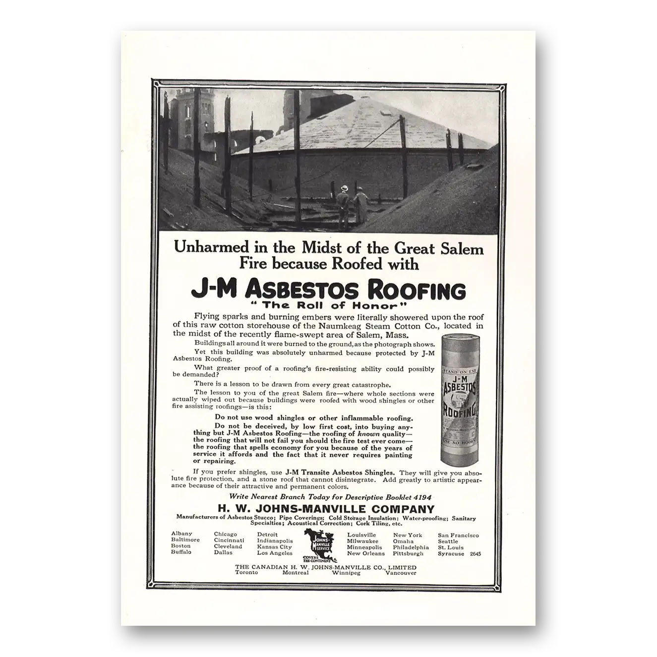 1914 Johns Manville JM Asbestos Roofing Great Salem Fire Vintage Magazine Print Ad