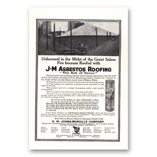 1914 Johns Manville JM Asbestos Roofing Great Salem Fire Vintage Magazine Print Ad