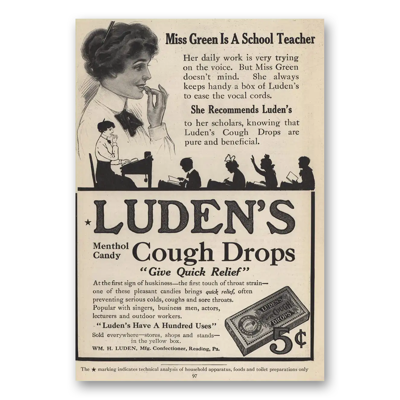 1914 Ludens Cough Drops Miss Green Is School Teacher Vintage Magazine Print Ad