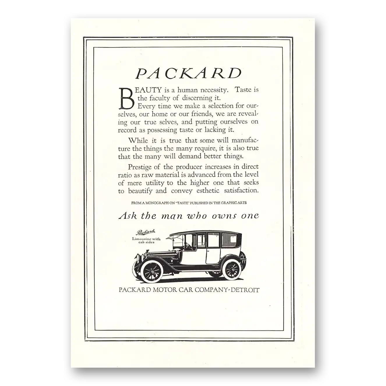 1914 Packard Beauty Is Human Necessity Vintage Magazine Print Ad