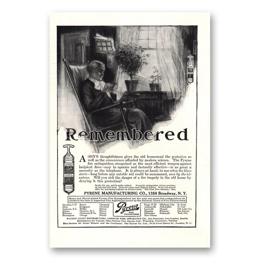 1914 Pyrene Fire Extinguisher Remembered Sons Thoughtfulness Vintage Magazine Print Ad