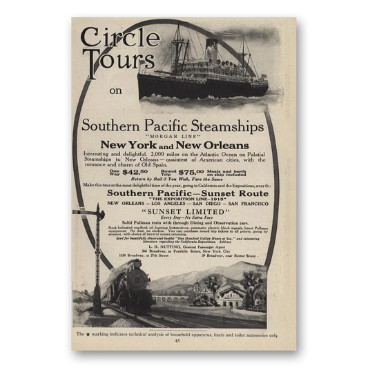 1914 Southern Pacific Steamships Morgan Line Circle Tours Vintage Magazine Print Ad