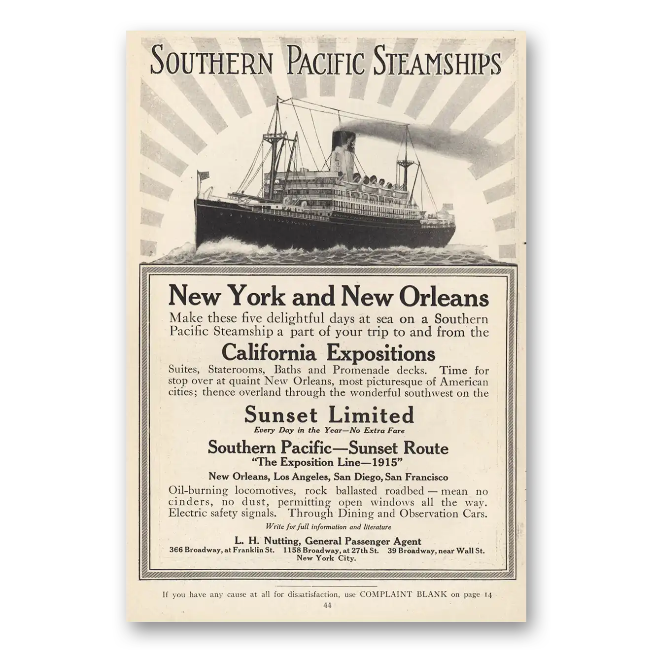 1914 Southern Pacific Steamships New York New Orleans Vintage Magazine Print Ad