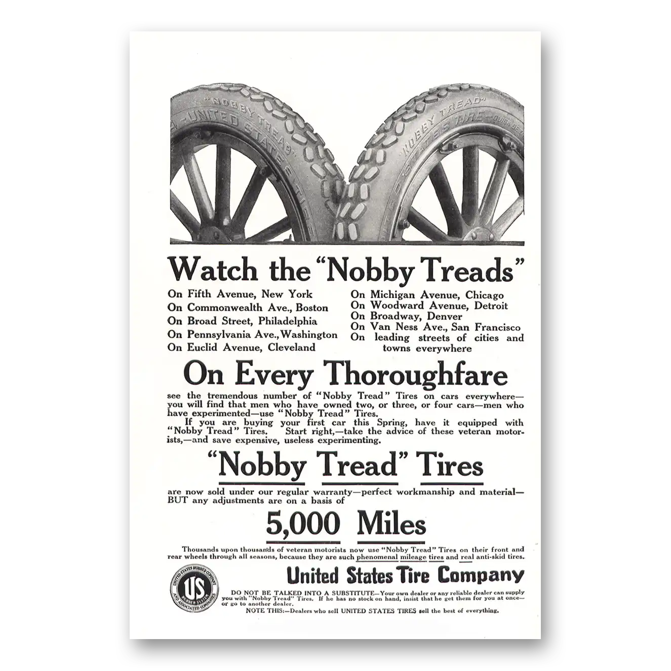 1914 US Tires Nobby Treads Vintage Magazine Print Ad