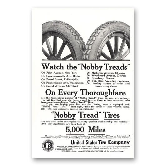 1914 US Tires Nobby Treads Vintage Magazine Print Ad