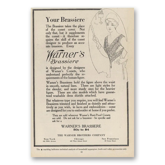 1914 Warners Brassieres Takes the Place of Corset Cover Vintage Magazine Print Ad