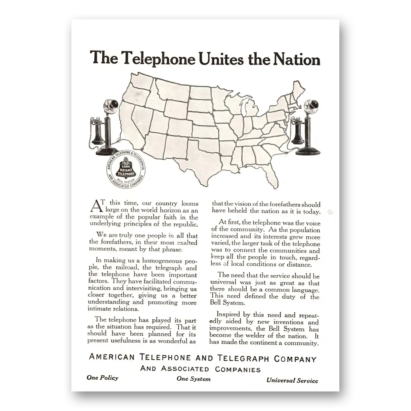 1915 American Telephone Unites the Nation Vintage Magazine Print Ad