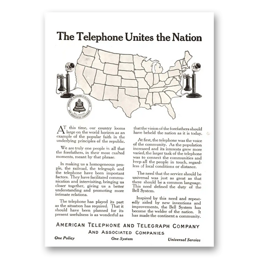 1915 American Telephone Unites the Nation Vintage Magazine Print Ad