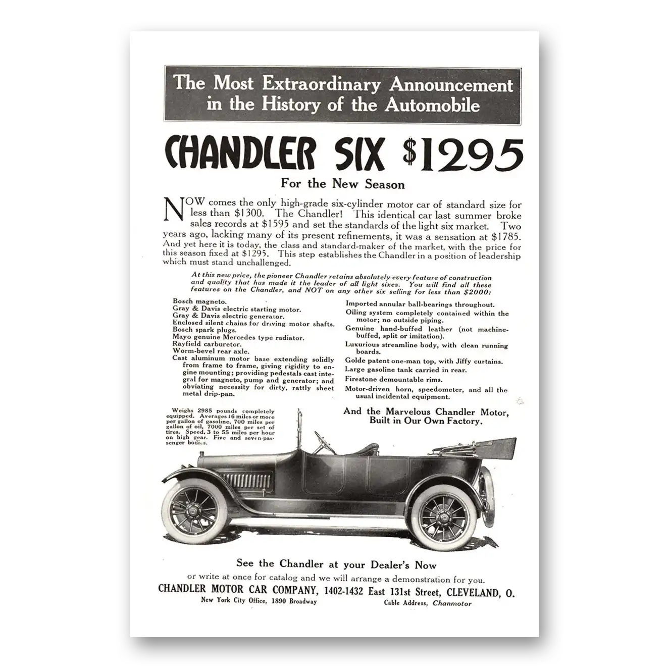 1915 Chandler Six Most Extraordinary Announcement Vintage Magazine Print Ad