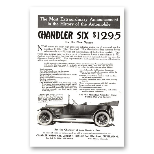 1915 Chandler Six Most Extraordinary Announcement Vintage Magazine Print Ad