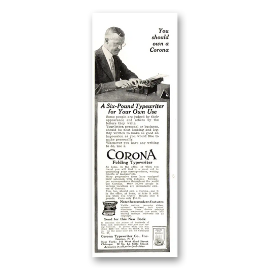 1915 Corona Typewriter Six Pound Typewriter Vintage Magazine Print Ad