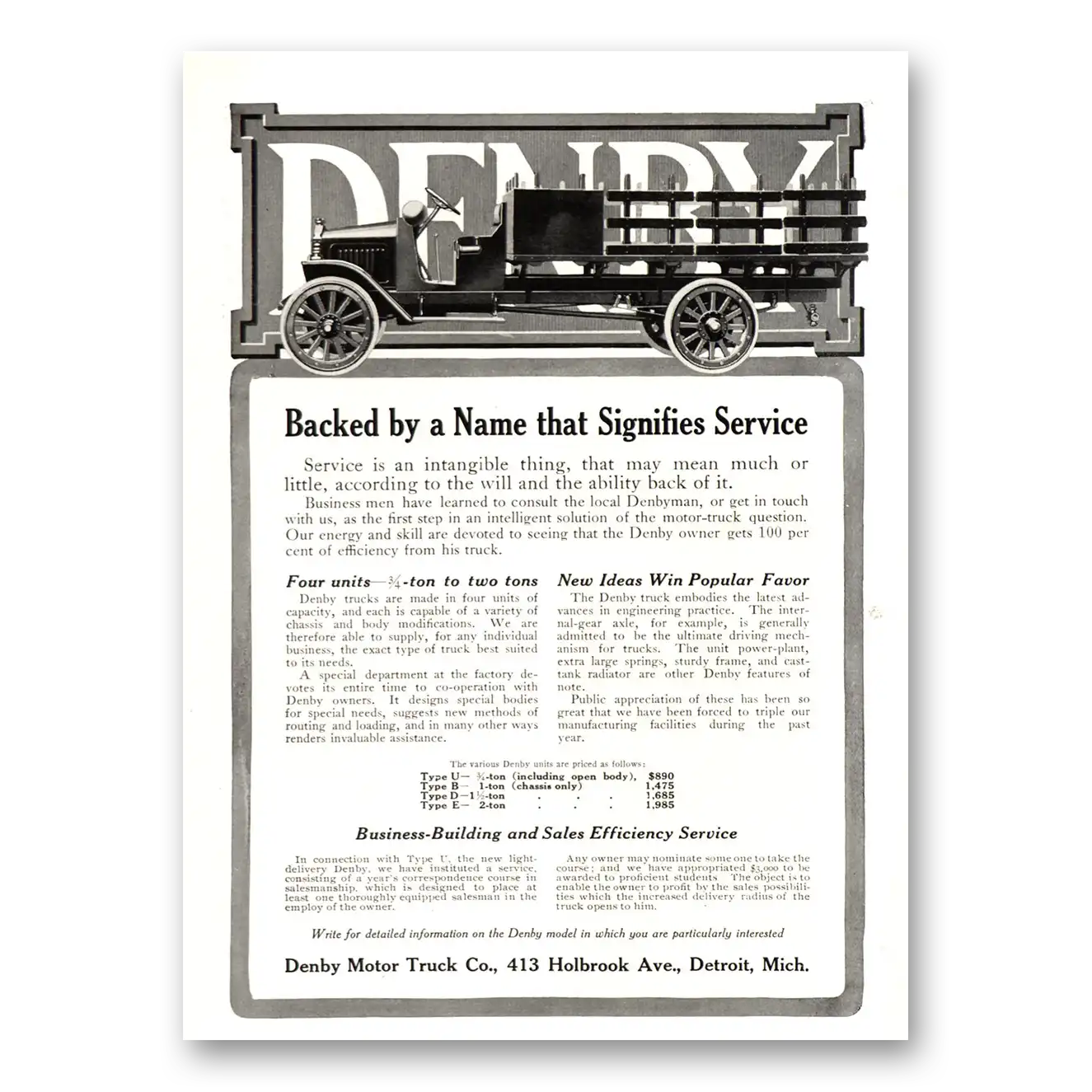 1915 Denby Motor Truck Backed By Name That Signifies Service Vintage Magazine Print Ad