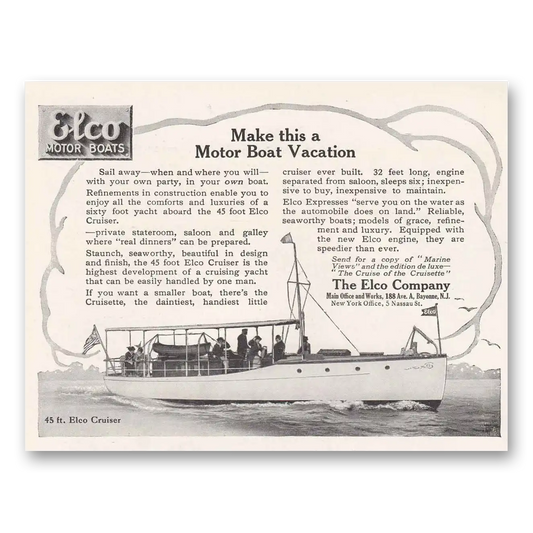 1915 Elco Motor Boats Motor Boat Vacation Vintage Magazine Print Ad