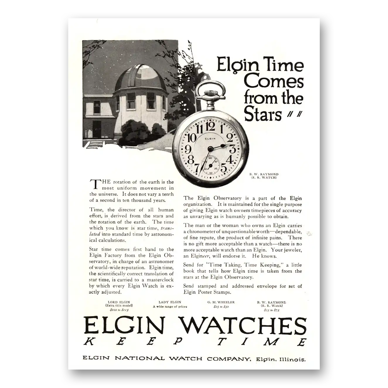 1915 Elgin Watch Comes From the Stars Vintage Magazine Print Ad