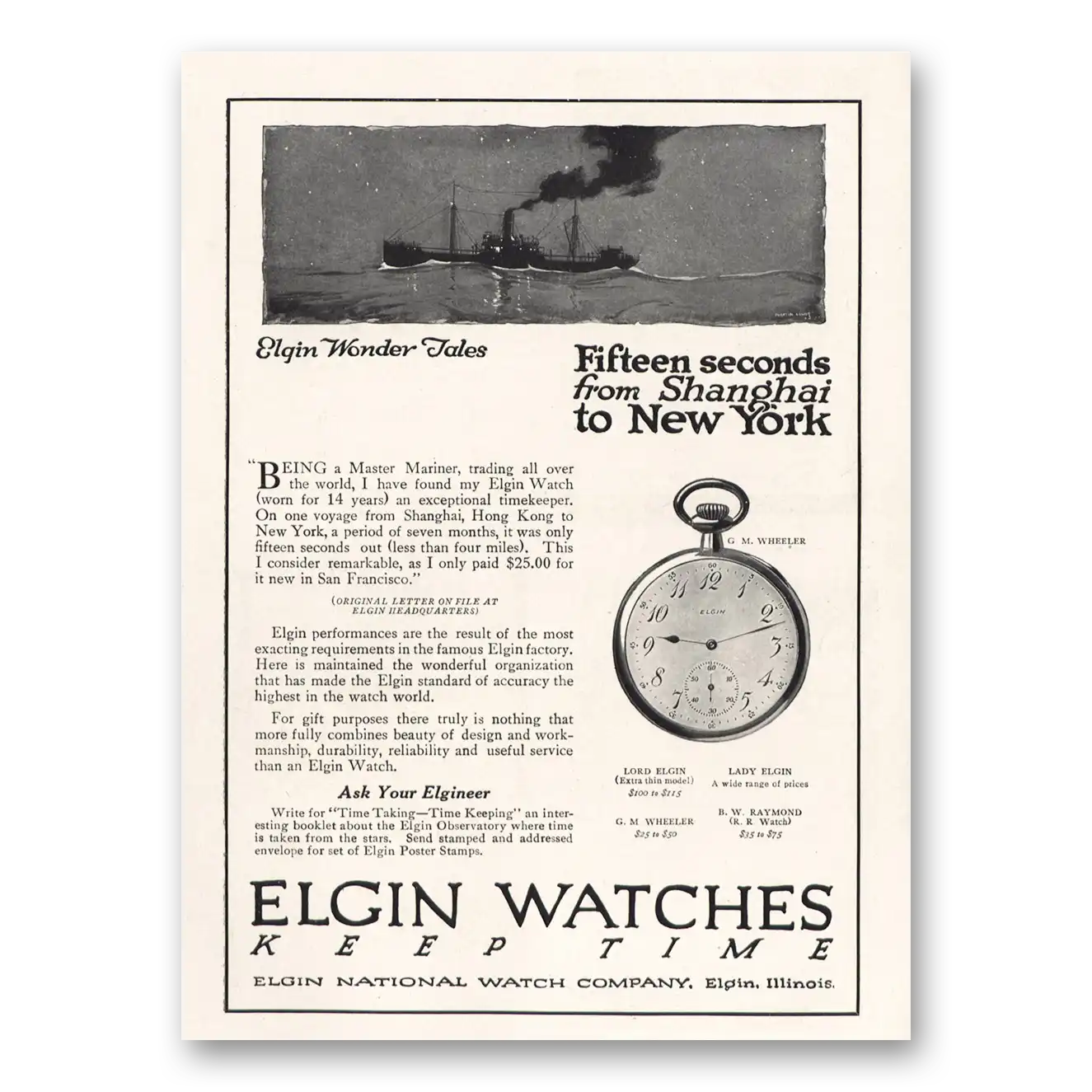 1915 Elgin Watch Fifteen Seconds Shanghai to New York Vintage Magazine Print Ad