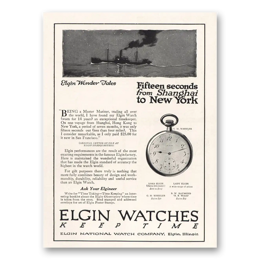 1915 Elgin Watch Fifteen Seconds Shanghai to New York Vintage Magazine Print Ad