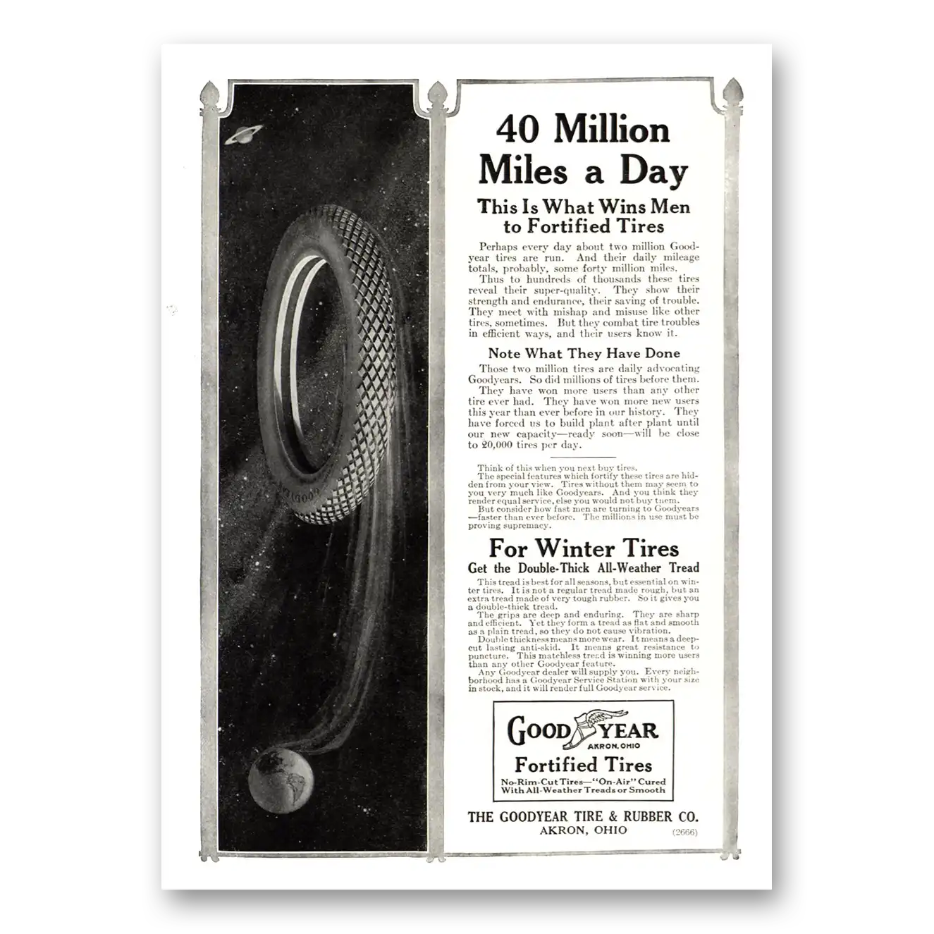 1915 Goodyear Tires 40 Million Miles a Day Vintage Magazine Print Ad