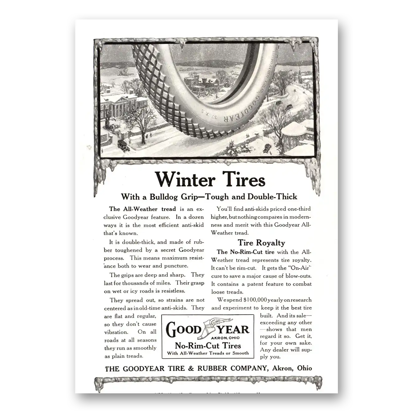 1915 Goodyear Tires Winter Tires With a Bulldog Grip Vintage Magazine Print Ad