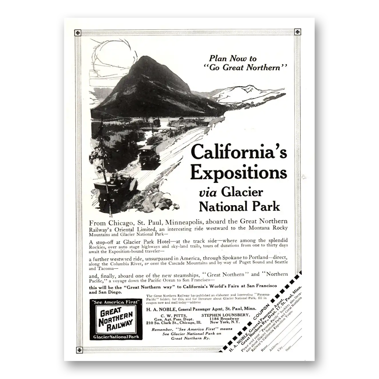 1915 Great Northern Railway Californias Expositions Via Glacier Vintage Magazine Print Ad