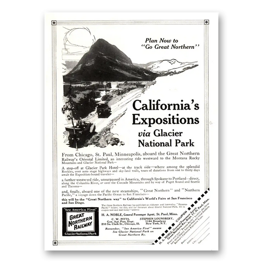 1915 Great Northern Railway Californias Expositions Via Glacier Vintage Magazine Print Ad