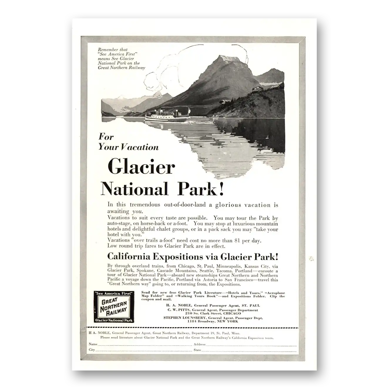 1915 Great Northern Railway Glacier National Park Vintage Magazine Print Ad