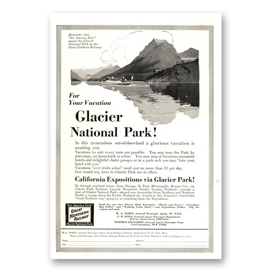 1915 Great Northern Railway Glacier National Park Vintage Magazine Print Ad