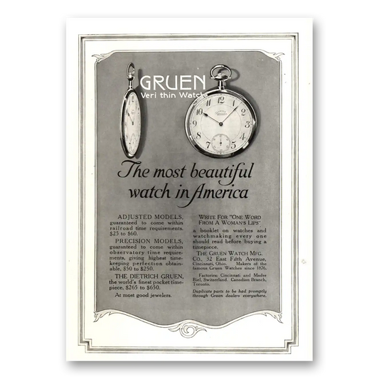 1915 Gruen Veri Thin Watch Most Beautiful Watch In America Vintage Magazine Print Ad