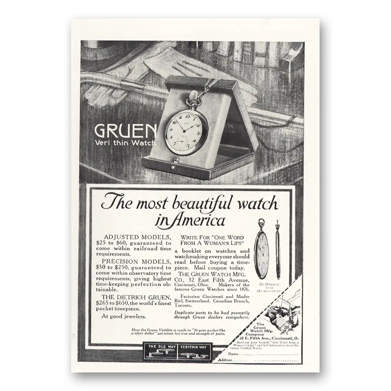 1915 Gruen Veri Thin Watch Most Beautiful Watch in America Vintage Magazine Print Ad