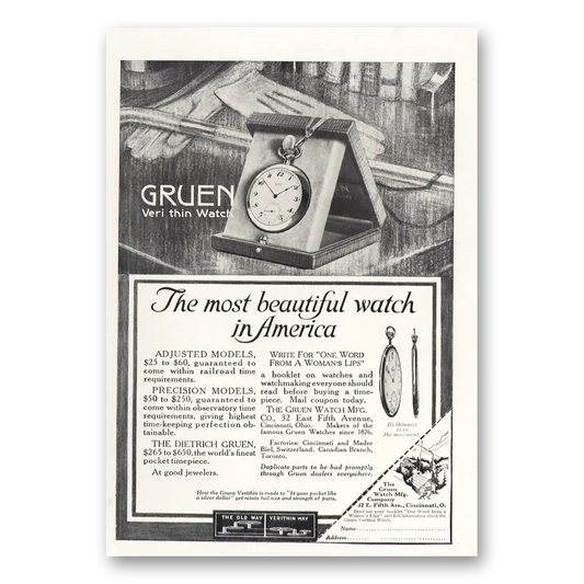 1915 Gruen Veri Thin Watch Most Beautiful Watch in America Vintage Magazine Print Ad