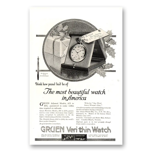 1915 Gruen Veri Thin Watch Most Beautiful Watch Vintage Magazine Print Ad