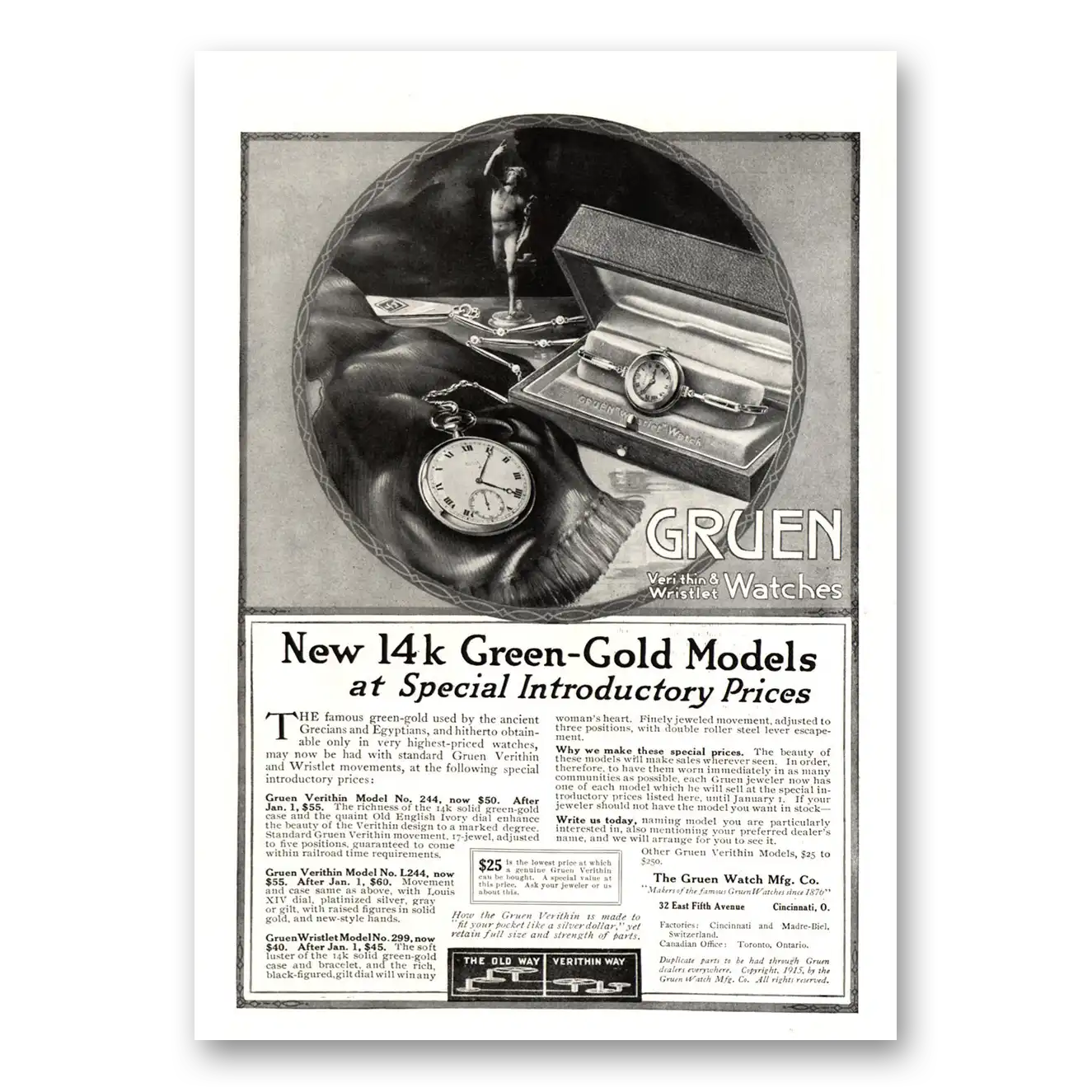 1915 Gruen Veri Thin Watch Green Gold Models Vintage Magazine Print Ad