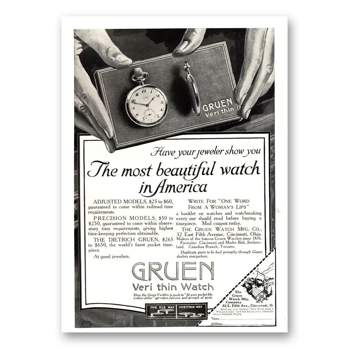 1915 Gruen Veri Thin Watch Most Beautiful Watch in America Vintage Magazine Print Ad