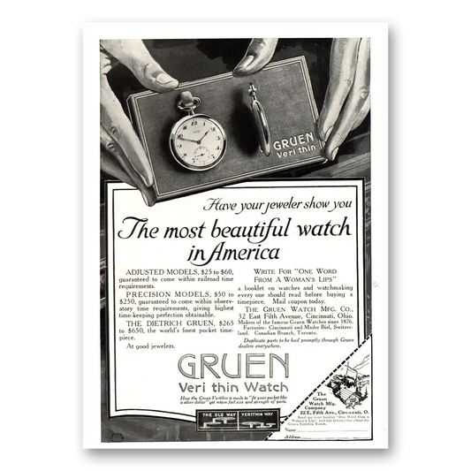 1915 Gruen Veri Thin Watch Most Beautiful Watch in America Vintage Magazine Print Ad