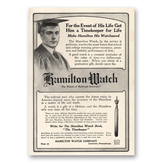 1915 Hamilton Watch Timekeeper for Life Vintage Magazine Print Ad