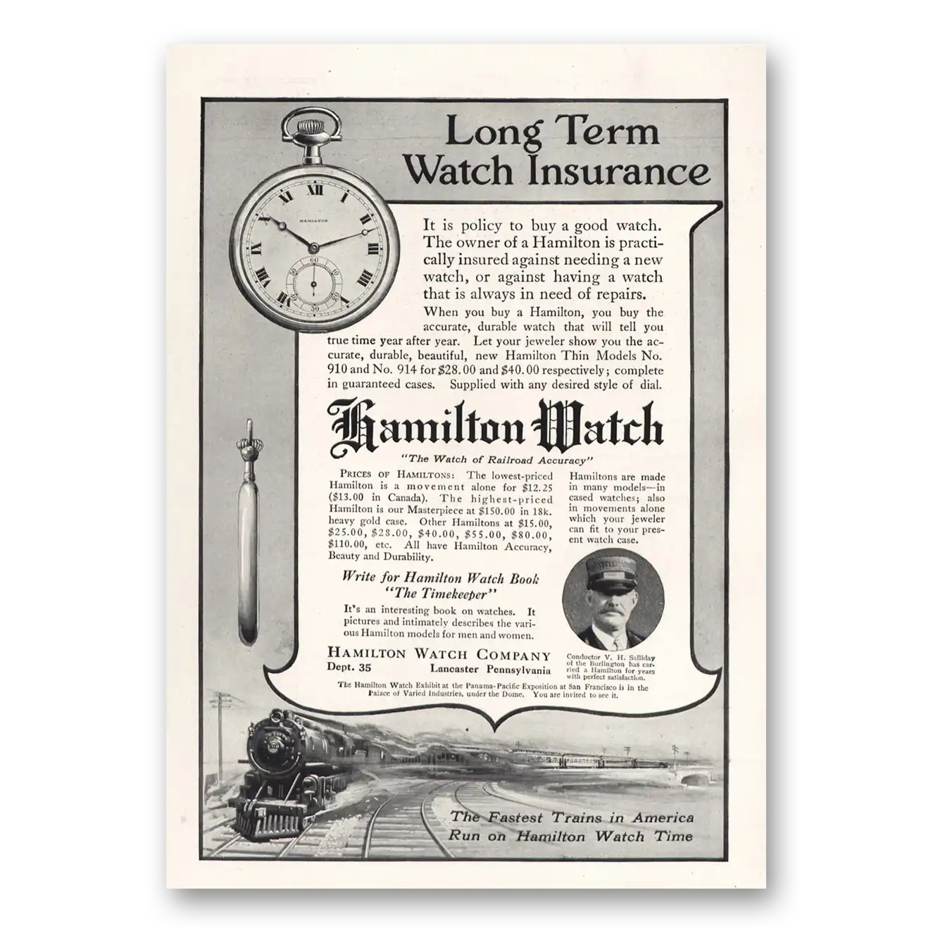 1915 Hamilton Watch Long Term Watch Insurance Vintage Magazine Print Ad