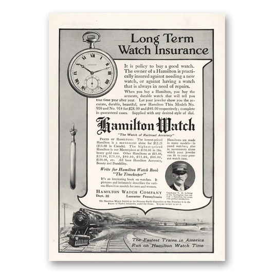 1915 Hamilton Watch Long Term Watch Insurance Vintage Magazine Print Ad