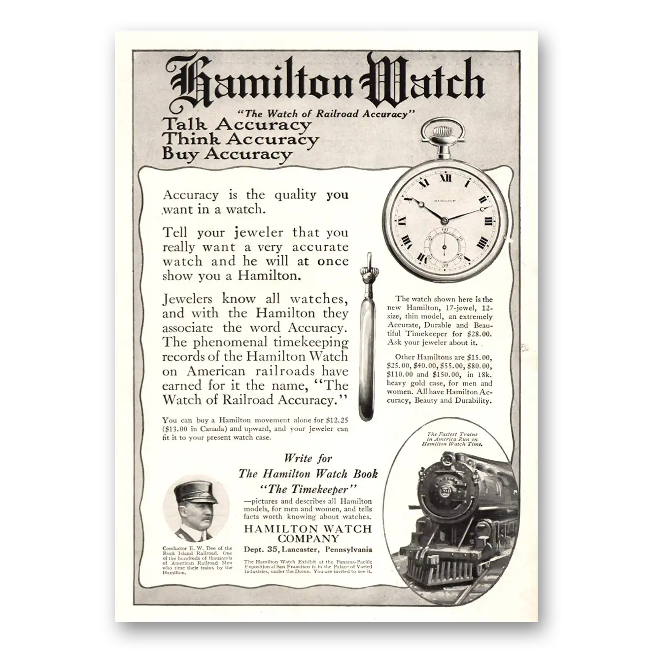 1915 Hamilton Watch Talk Think Buy Accuracy Vintage Magazine Print Ad