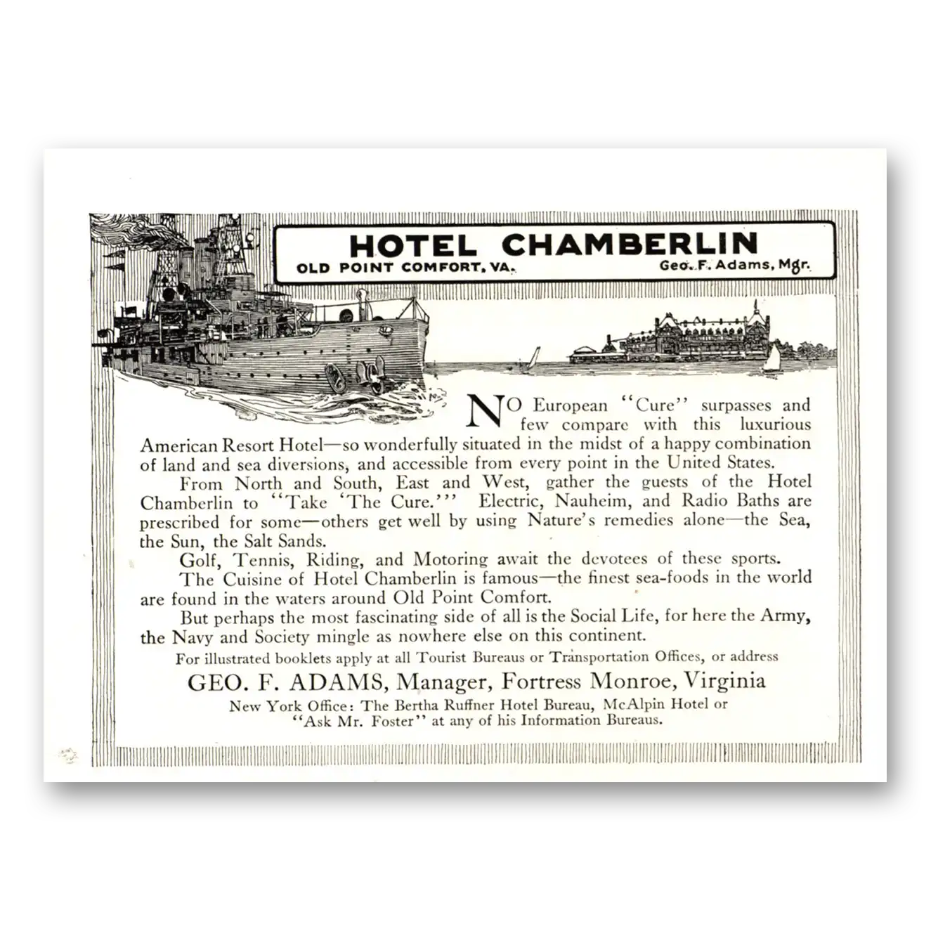 1915 Hotel Chamberlin No European Cure Surpasses Vintage Magazine Print Ad