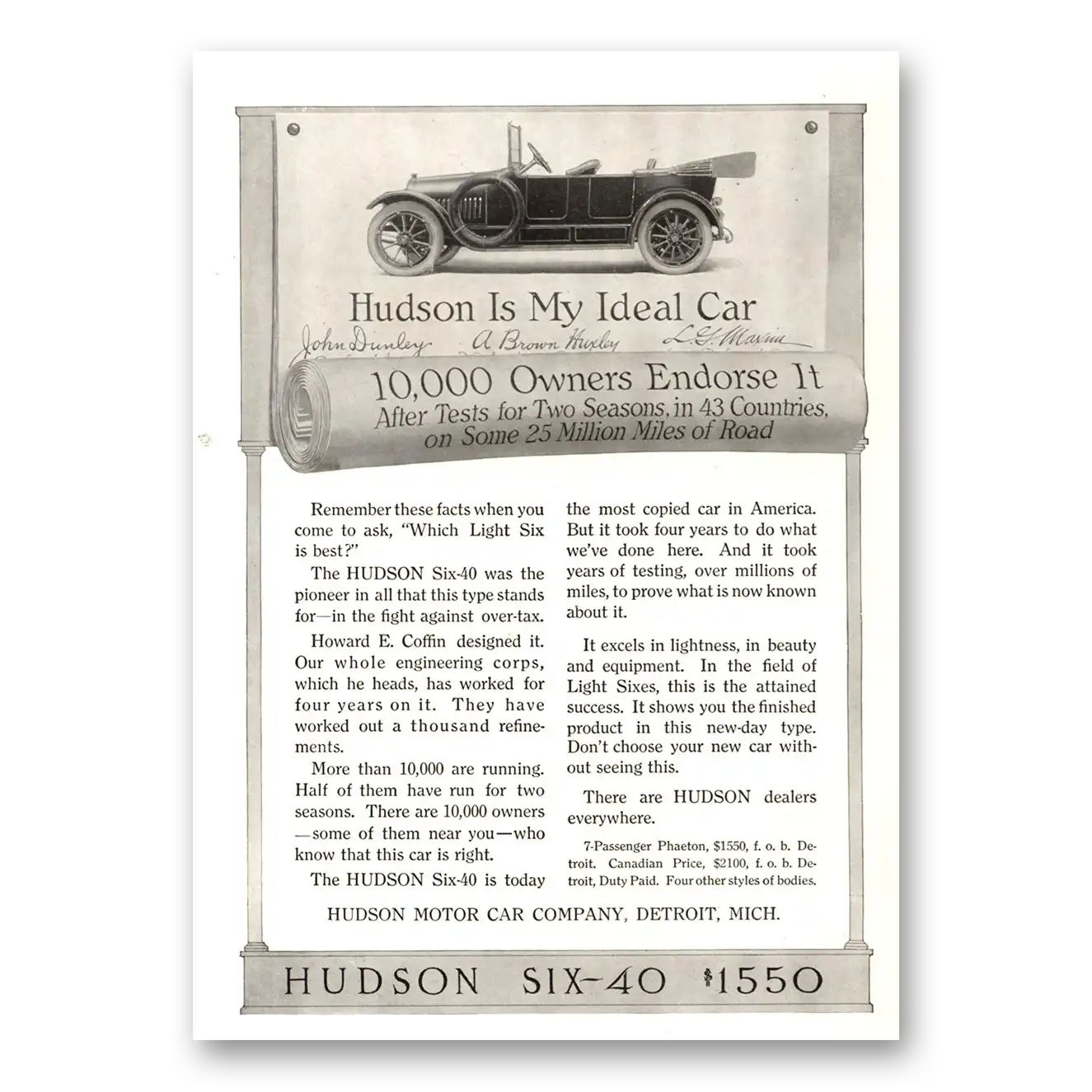 1915 Hudson Six Motor Car My Ideal Car Owners Endorse Vintage Magazine Print Ad