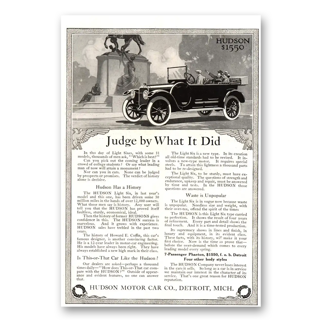 1915 Hudson Motor Car Judge By What It Did Vintage Magazine Print Ad