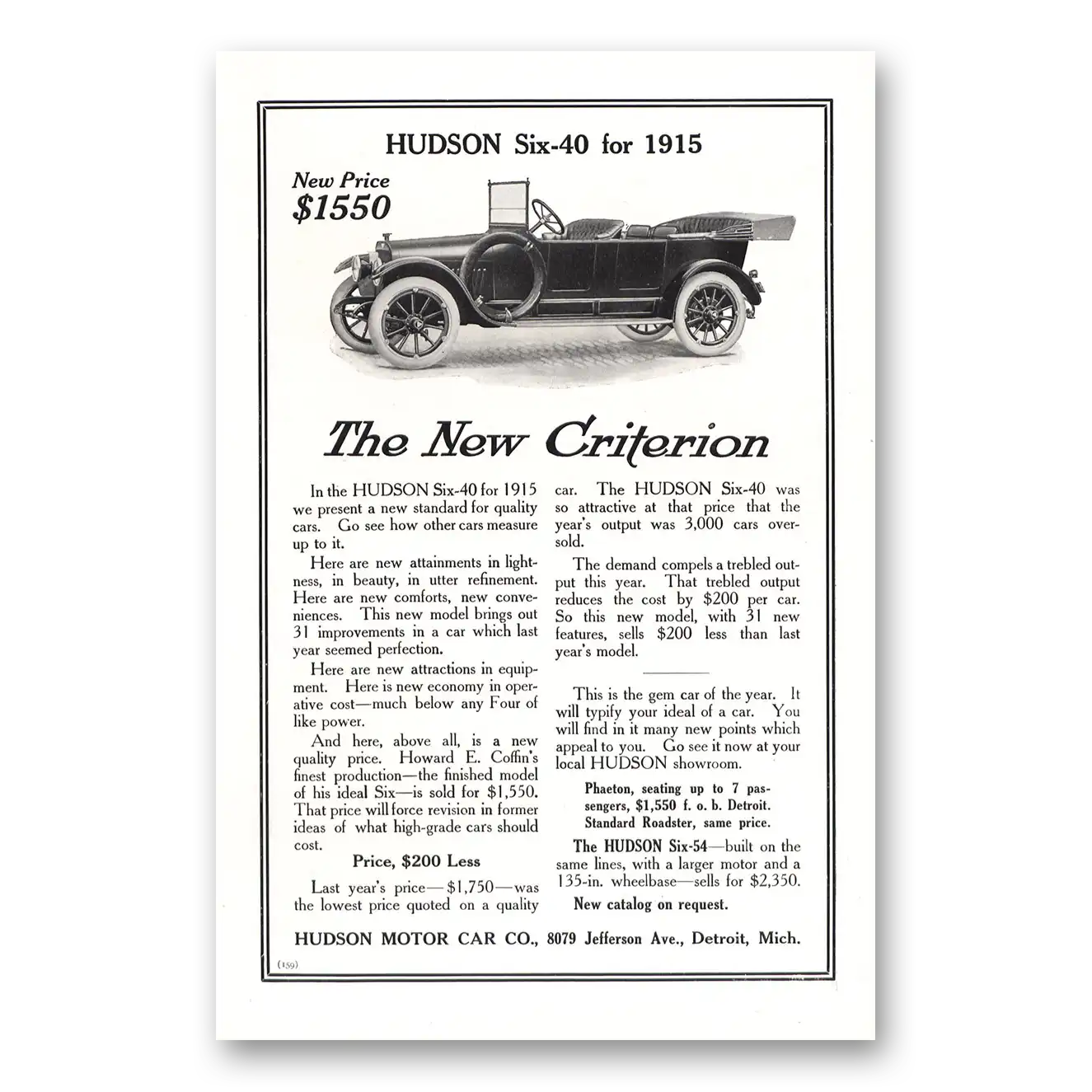 1914 Hudson Six Motor Car New Criterion Vintage Magazine Print Ad