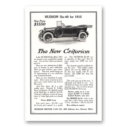 1914 Hudson Six Motor Car New Criterion Vintage Magazine Print Ad