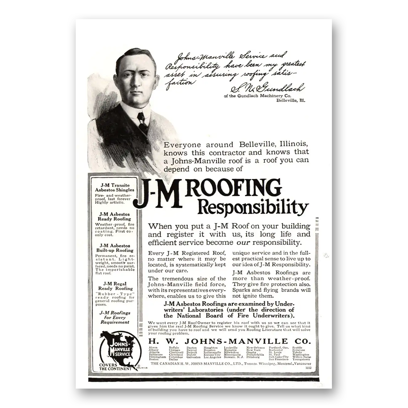 1915 Johns Manville JM Roofing Responsibility Vintage Magazine Print Ad