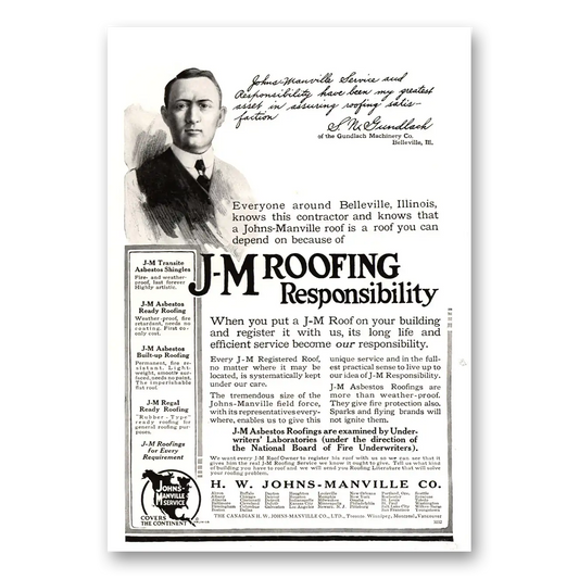 1915 Johns Manville JM Roofing Responsibility Vintage Magazine Print Ad