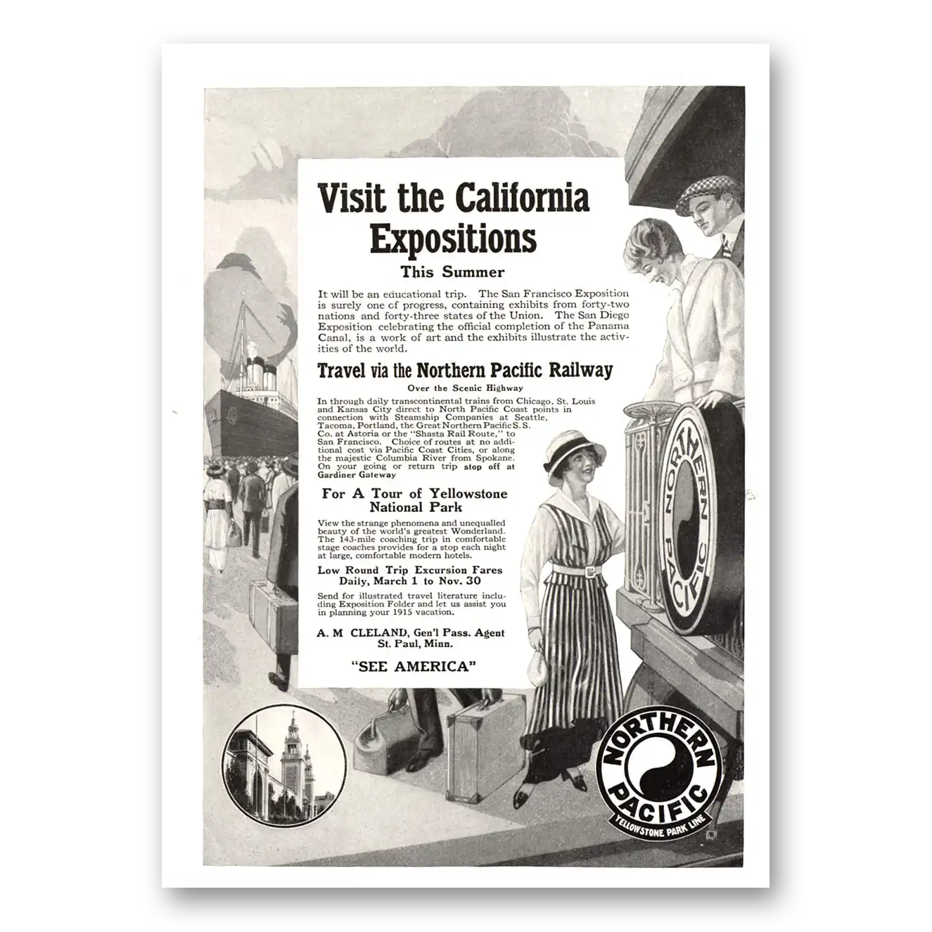 1915 Northern Pacific Railway Visit the California Expositions Vintage Magazine Print Ad