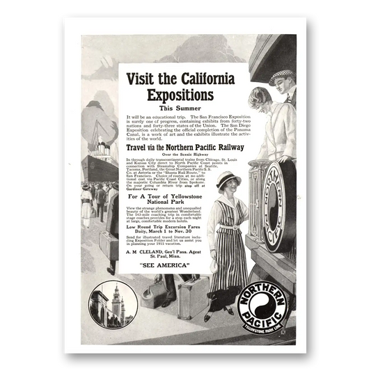 1915 Northern Pacific Railway Visit the California Expositions Vintage Magazine Print Ad