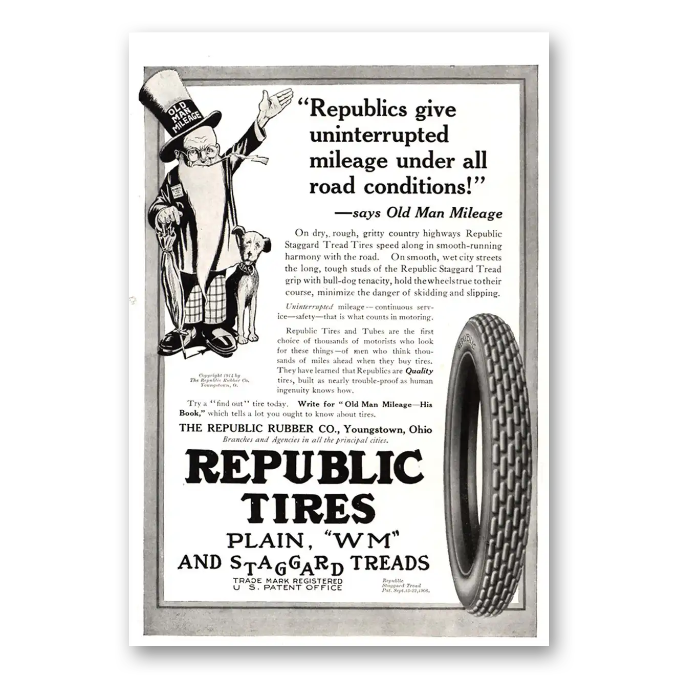 1915 Republic Tires Old Man Mileage Vintage Magazine Print Ad